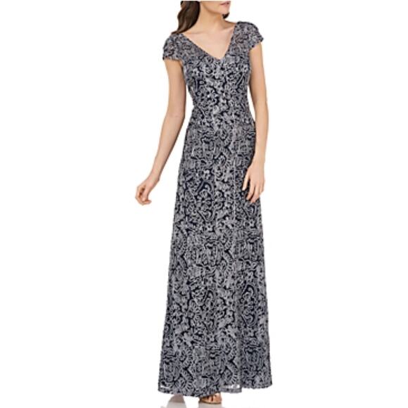 JS Collections Dresses & Skirts - JS Collections Embroidered Lace Short Sleeve Evening Gown Blue Size 6 Dress